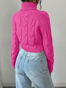 Elenzga Women's Solid Color High Neck Raglan Sleeve Cropped Casual Sweater - Hot Pink - View 2