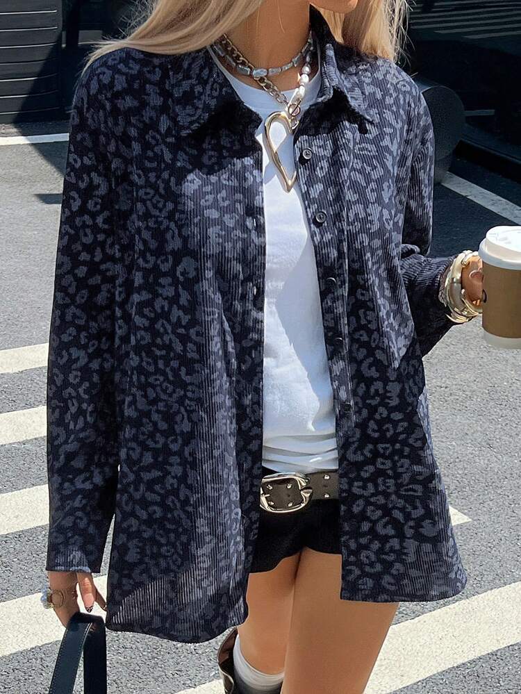 Women's Corduroy Fabric Loose Fit Regular Collar Shirt Leopard Print