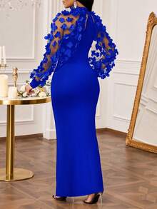 SHEIN Lady Black Dress Three-Dimensional Butterfly Embroidery Splicing Super Long Slim Fishtail Skirt, Small Dress Elegant Party Royal Blue Elegant Dress Women Long Sleeve Elegant Dress Luxury Dress For Women - Royal Blue - View 2