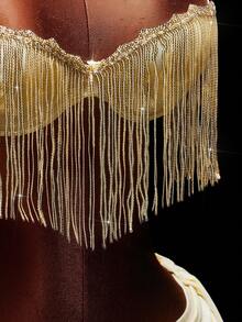 Amplova Sequin Tassel Crop Top & Ruffle Asymmetric Hem Mini Skirt 2 Pieces Set, Sexy Party Outfit - Gold - View 10