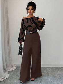 Elenzga 女士印花拼接腰部阔腿连体裤，优雅廓形，适合日常通勤和百搭穿着 - 巧克力棕 - 查看 3