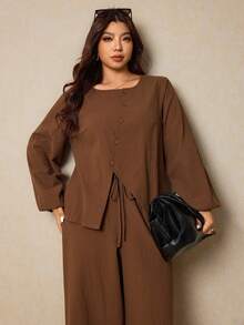 Elaquor Plus Size Women Casual/Work Solid Color Shirt And Pants 2 Pieces Set, Autumn - Mocha Brown - View 5