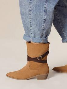 Styleloop Women's Western Style Buckle Design Fashion Pointed Toe Chunky Heel Ankle Boots - Brown - View 2