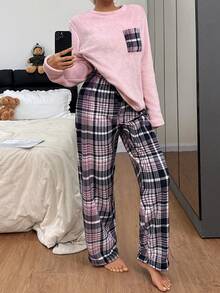 SHEIN Women's Flannel Plaid Pajama Set, Fluffy Winter Clothes - Pink - View 2