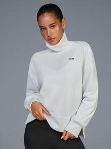 Fluxe Women's White High Neck Sweatshirt, Soft Cozy Fabric For Comfortable Warmth, Stylish Relaxed Fit With Dropped Shoulders, Ribbed Hem And Cuffs For A Secure Fit, Minimalist Embroidered Branding, Perfect For Layering In Casual, Athleisure, And Everyday Wear - White - View 6
