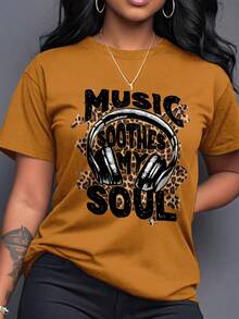 SHEIN LUNE 音乐抚慰我的灵魂豹纹印花标语圆领短袖 T 恤女士 - 駝色 - 查看 1