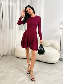 SHEIN Tall Váy ngắn tay dài cổ tròn màu trơn có gân dành cho ngày lễ tình nhân dành cho nữ/Màu đỏ tía, Trang phục năm mới cho nữ, Váy năm mới cho nữ, Váy dự tiệc năm mới, Váy cho nữ mùa đông - Màu Đỏ Sâu - Xem 3