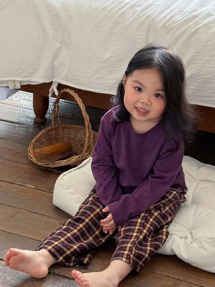 DAZY 2件套女婴纯色长袖上衣和格子休闲裤家居服套装，幼儿女童服装 - 紫色 - 查看 4