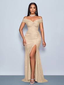 SOLERSUN 适合圣诞派对度假和约会优雅的勃艮第优雅扭曲露肩露背肩带高开叉美人鱼连衣裙，带有金属光泽的超长女士服装 - 杏色 - 查看 5