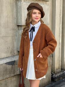 SHEIN Chaqueta casual de una hilera cálida para niñas preadolescentes, otoño/invierno