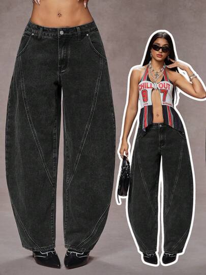 Jeanoix 女士Y2K低腰街头风破洞拼接阔腿牛仔裤