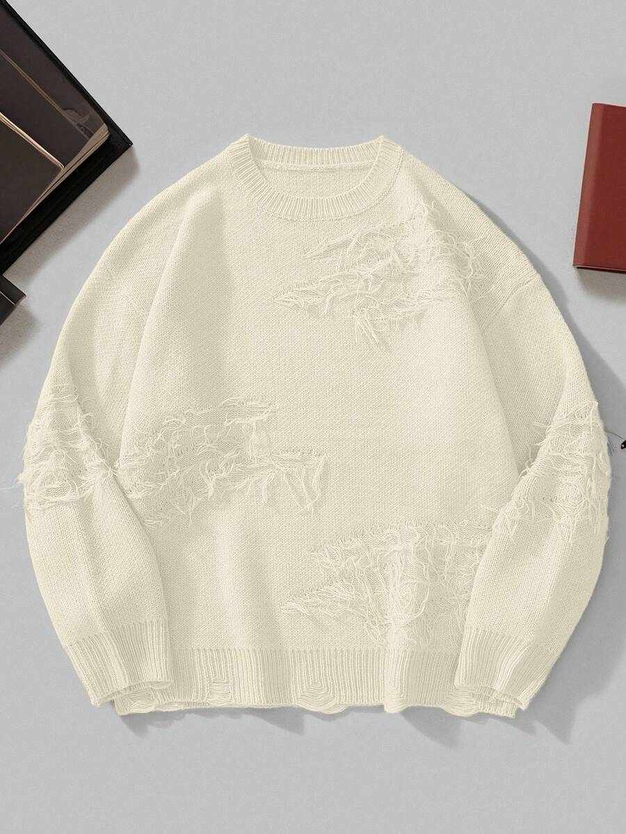 Manfinity Hypemode Plus Size Men's Solid Color Round Neck Distressed Long Sleeve Casual Sweater, Autumn/Winter Distressed Sweater Ripped Sweater - Beige - View 1