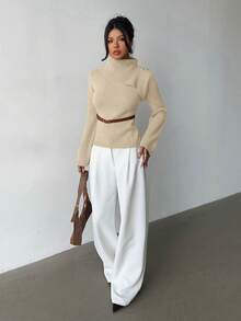 Elenzga Khaki Elegant Flared Sleeve Niche Design Collar, Paired With Brown Metal Fashionable Belt, Women Sweater For Autumn/Winter - Khaki - View 4