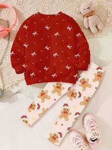 SHEIN 圣诞姜饼蝴蝶结图案卫衣，休闲舒适宽松厚实柔软圆领长袖连帽衫，适合秋季日常穿着、圣诞派对、街头风格、家居