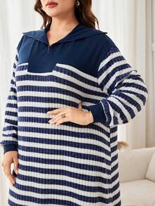 Lacomfia 大码女式休闲罗纹拼接前拉链条纹针织纹理宽松长连衣裙，适合秋冬季穿着 - 彩色 - 查看 1