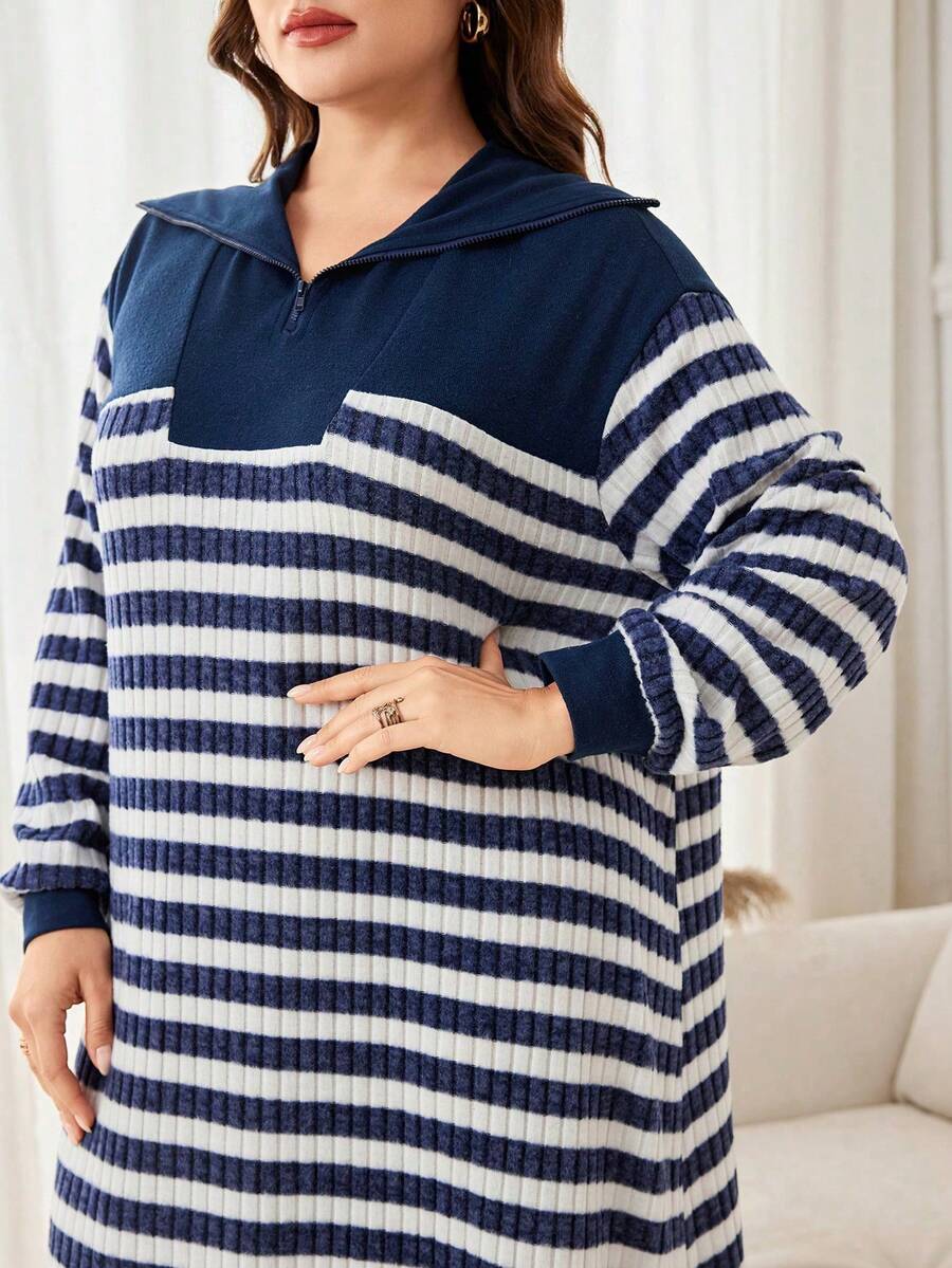 Lacomfia 大码女式休闲罗纹拼接前拉链条纹针织纹理宽松长连衣裙，适合秋冬季穿着 - 彩色 - 查看 1