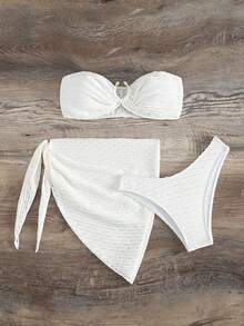 Oceva 女士夏季沙滩纯色抹胸圆环连接性感比基尼泳衣套装，含罩衫和裙子，三件套 - 白色 - 查看 5