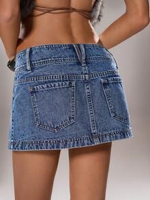 TRNVIE Women's Solid Color Minimalist Daily Wear Mini Denim Skirt - Medium Wash - View 2