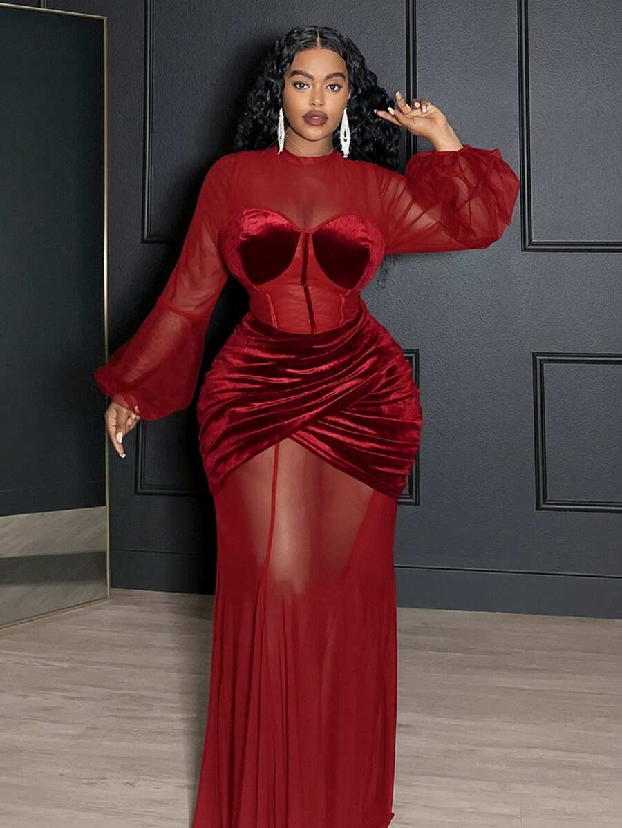 Veslaya 春秋新款优雅派对、约会之夜、晚礼服、婚礼季、毕业派对、生日庆典性感修身纯黑色长灯笼袖透视网纱天鹅绒拼接抹胸腰部交叉下摆鱼尾拼接加大码长裙性感红色女装魅力女神连衣裙曲线性感连衣裙 - 紅色 - 查看 1