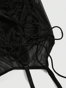 ROMWE Goth 4件套加大码蕾丝拼接网纱抽绳设计钢圈性感内衣套装 - 黑色 - 查看 4