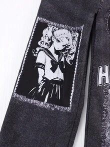 Sparklyn 2pcs/Set Girls Street Fashion Star Graphic Knit Crop Top + Denim Look Printed Loose Cargo Pants Set, Versatile Casual Outfit