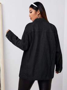 SHEIN ICON Plus Size Women's Drop Shoulder Long Sleeve Single-Breasted Casual Loose Denim Jacket, Fall Women Clothes - Dark Grey - View 2