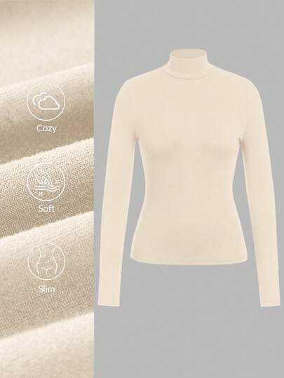 SHEIN BASICS Camiseta de manga larga de punto ajustada de unicolor casual para mujer