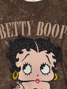 Betty Boop x SHEIN 大码女式休闲时尚街头风日常通勤卡通字母印花水洗宽松短袖T恤 - 白色 - 查看 4