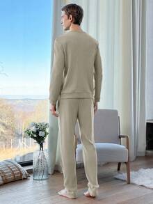 EURMUSE Cotton Men'S Ribbed Knit Homewear Set - Light Grey - View 4