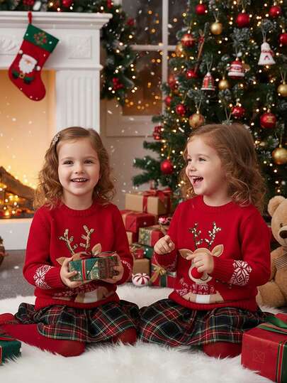 SHEIN Mädchen Roter Hintergrund Weihnachtsren Muster Rundhals Langarm Pullover