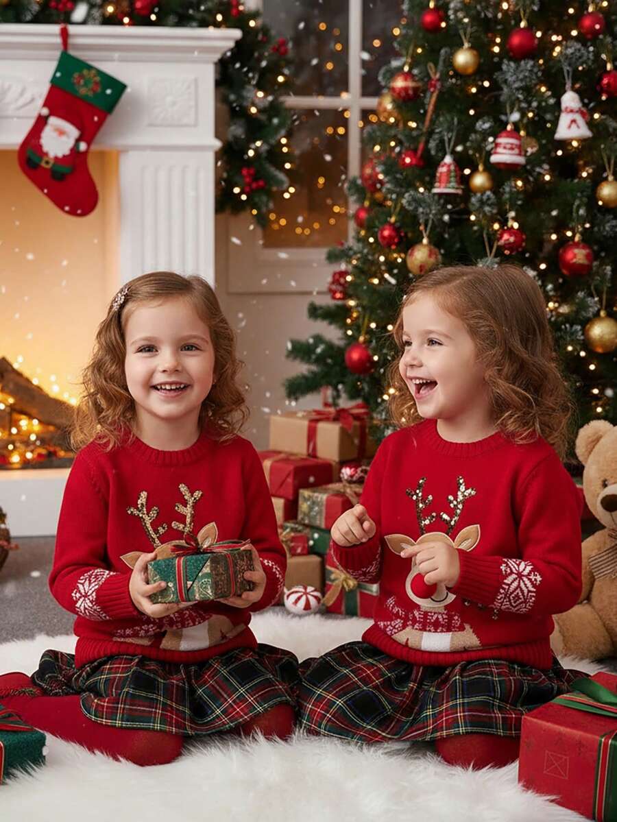 SHEIN 女孩红色背景圣诞驯鹿图案圆领长袖毛衣 - 紅色 - 查看 1