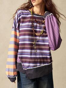 Bohemela 女士休闲条纹拼布圆领长袖T恤，适合秋冬季、万圣节、圣诞节 - 彩色 - 查看 5