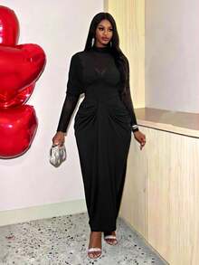 Slaydiva Plus Size Women Black Elegant Dress, Autumn Mesh Patchwork Twist Design Fitted Fashion Long Sleeve Formal Evening Ruched Christmas Dress - Black - View 7