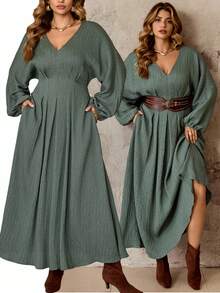 Roveilla Plus Size Women's Elegant French Style Luxury Minimalist High-End Casual, Party, Work, Vacation Comfortable Solid Color Crinkle Fabric V-Neck Cinched Waist A-Line Long Sleeve Maxi Dress Lantern Sleeve Dress Thanksgiving Plus Size Plus Size Christmas Linen Maxi Dress Sage Dress Green Maxi Dress Women Teal Maxi Long Sleeve Dress Long Casual Dress Long Sleeve Summer Dresses - Army Green - View 10