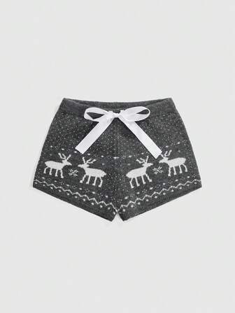 Women's Christmas Ribbon Tie Cute Deer Jacquard Super Low Waist Mini Sweater Pants