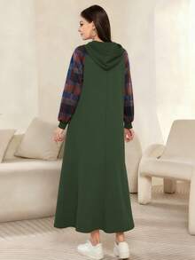 Modelyn Coffee Letter Print Green Plaid Raglan Sleeve Hooded Maxi Dress For Women, Spring/Autumn - Multicolor - View 2