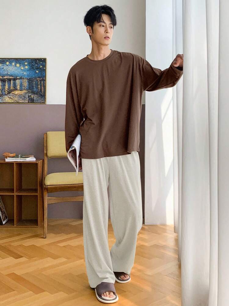 Men's Solid Color Elastic Waist Casual Pajama Set, Suitable For Autumn