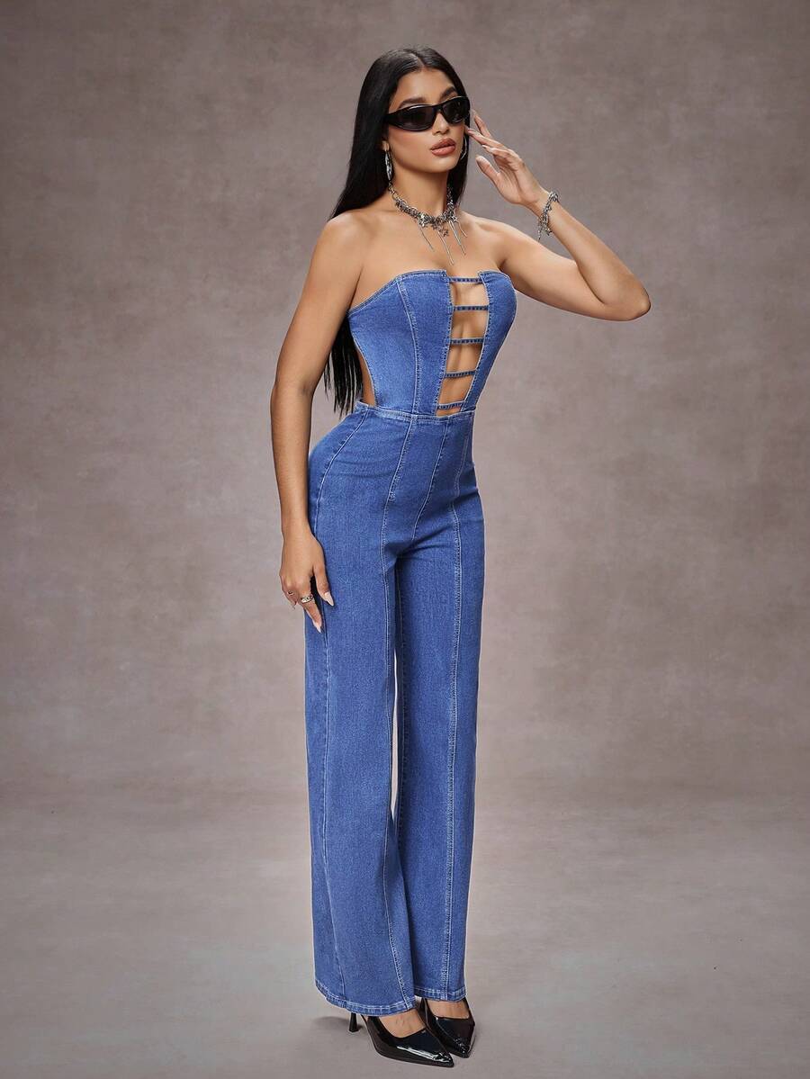 SHEIN EZwear Bộ đồ liền thân denim hở lưng gợi cảm thời trang nữ - Màu xanh lam - Xem 1