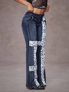 Jeanoix Women's Pockets Patchwork Leopard Faux Fur Flare Jeans - Blue - View 5