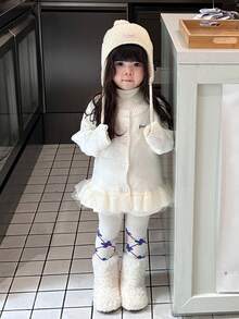 DAZY Baby Girls' Round Neck Ruffle Mesh Patchwork Long Sleeve Cardigan With Letter Embroidery, Autumn/Winter - White - View 3