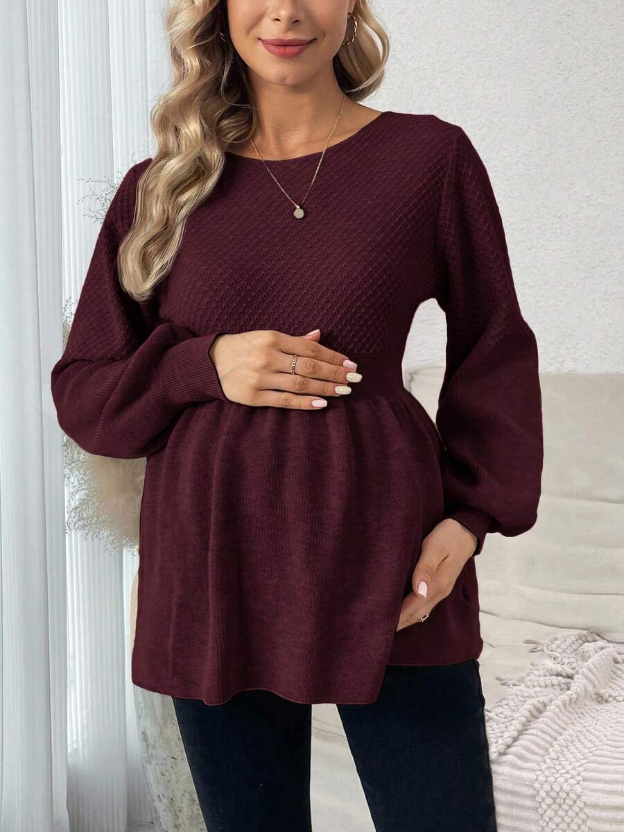 SHEIN Maternity Casual Solid Color Lantern Sleeve Sweater, Autumn/Winter - Red Violet - View 1