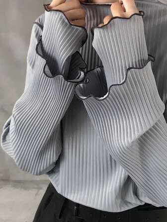 FRIFUL Camiseta holgada y versátil de manga larga con cuello alto de punto, diseño de 2 en 1 con textura acanalada y costuras de borde de contraste, para otoño/invierno