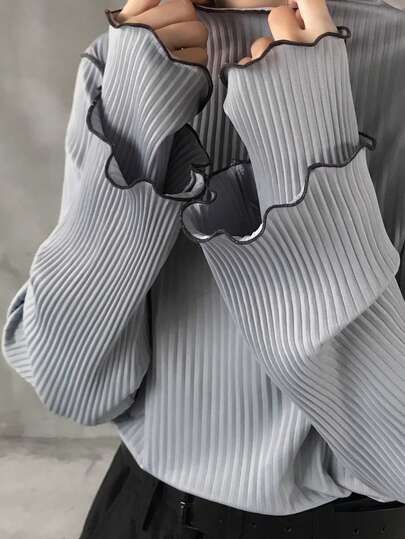 FRIFUL 女士撞色高领长袖罗纹面料二合一设计撞色包边缝线宽松休闲百搭T恤，秋冬款