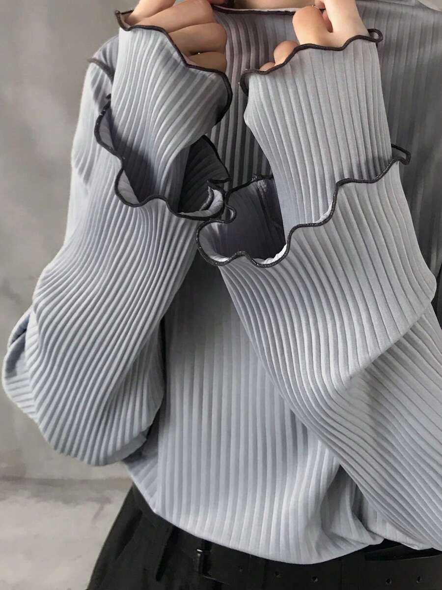 FRIFUL 女士撞色高领长袖罗纹面料二合一设计撞色包边缝线宽松休闲百搭T恤，秋冬款