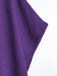 EMERY ROSE Plus Size Women's Solid Color Round Neck Batwing Short Sleeve Shirt And Wide Leg Pants Casual Loose 2 Piece Set - Purple - View 3