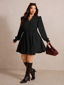 Elaquor Plus Size Elegant Minimalist Ruffle Patchwork Black Dress For Women, All Season - Black - View 7