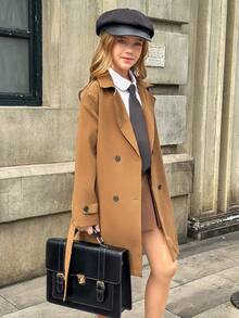 SHEIN 青少年女孩时尚休闲宽松系带双排扣长款风衣，适合秋季通勤或日常穿着 - 棕色 - 查看 3