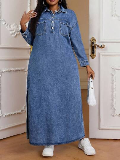 SHEIN Lady 大码女式休闲宽松舒适长袖牛仔连衣裙