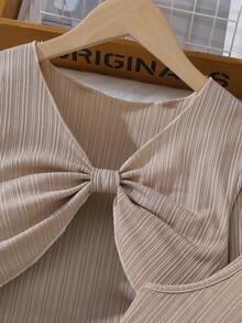 2 件套女童休闲套装，珍珠装饰长袖上衣和 A 字下摆连衣裙，优雅春秋季外套 - 棕色 - 查看 4