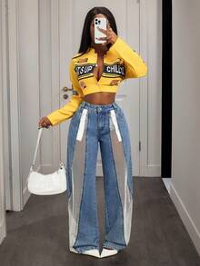 Slaydiva Women's Patchwork Fishnet Loose Fit Pocket Casual Wide Leg Jeans - Blue - View 7